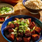 Delicious Black Pepper Tofu with eggplant served on a plate.