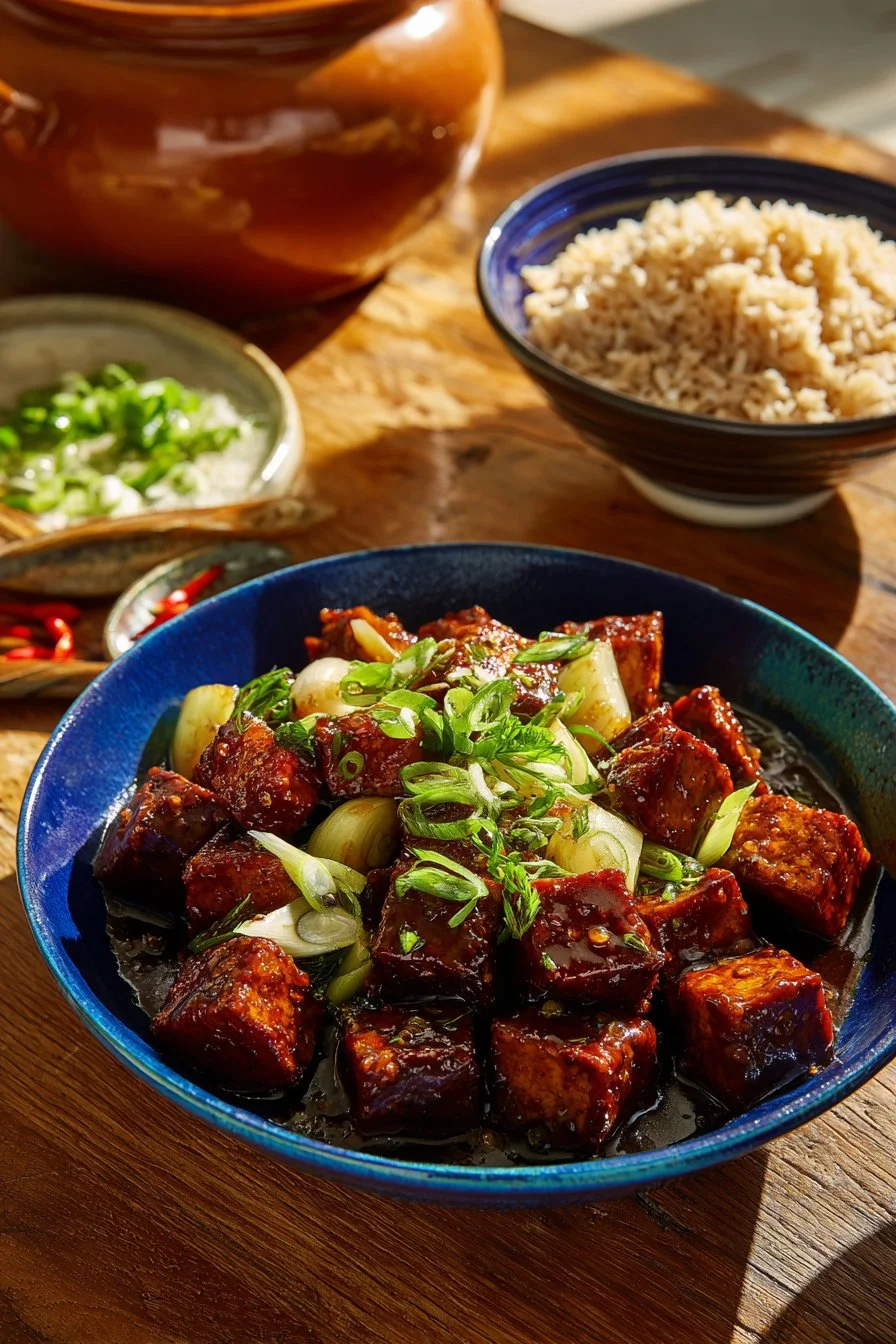 Delicious Black Pepper Tofu with eggplant served on a plate.