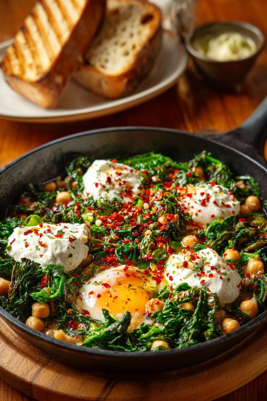 Bowl of braised chickpeas with zucchini and pesto garnished with fresh herbs