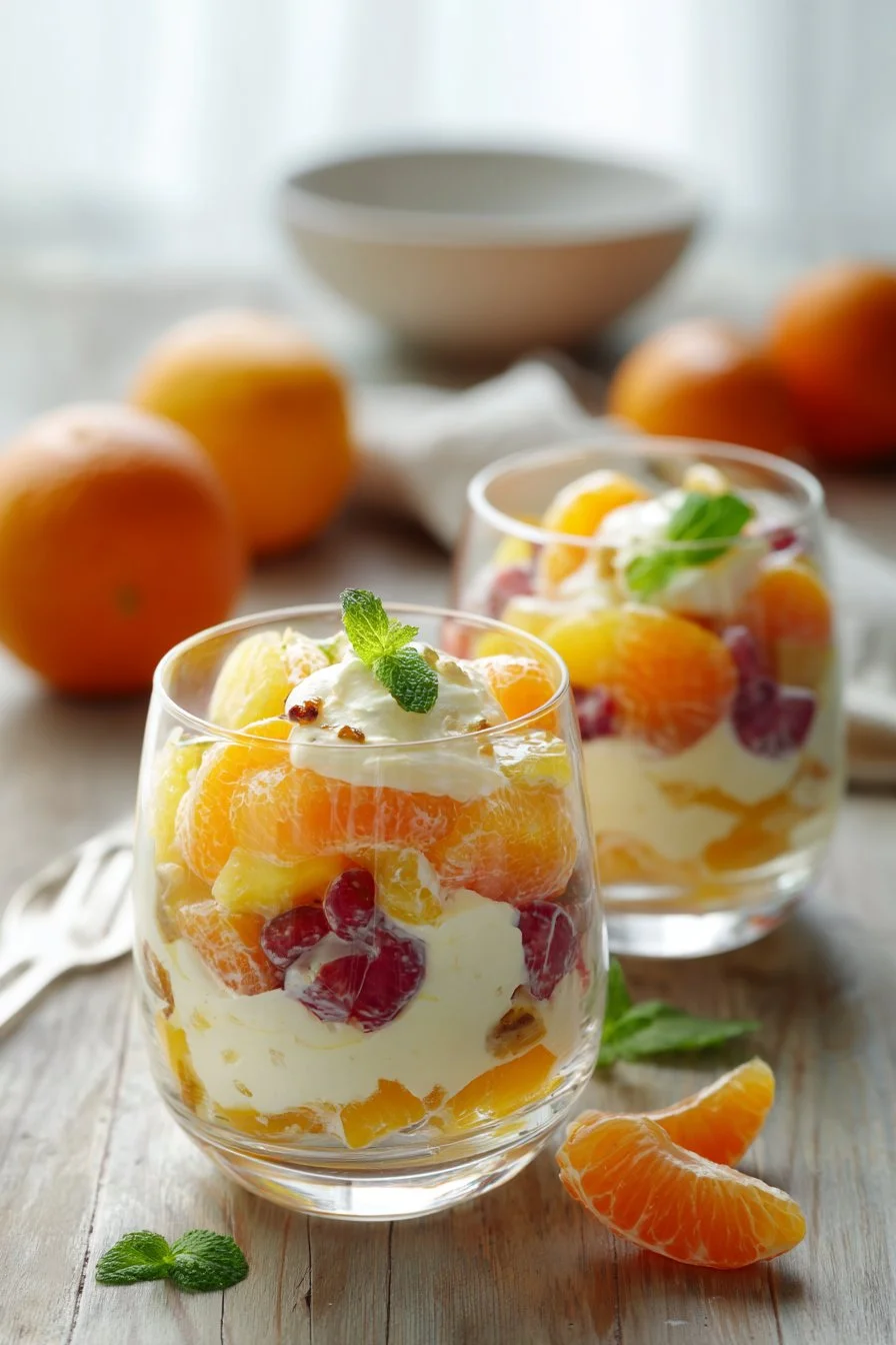 Plate of burnt sugar oranges topped with yogurt and mint leaves.