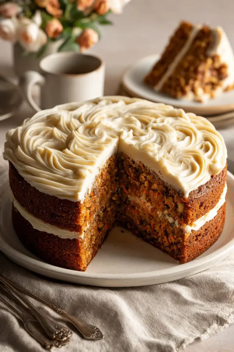 Delicious carrot cake topped with coconut and dates, showcasing its moist texture.