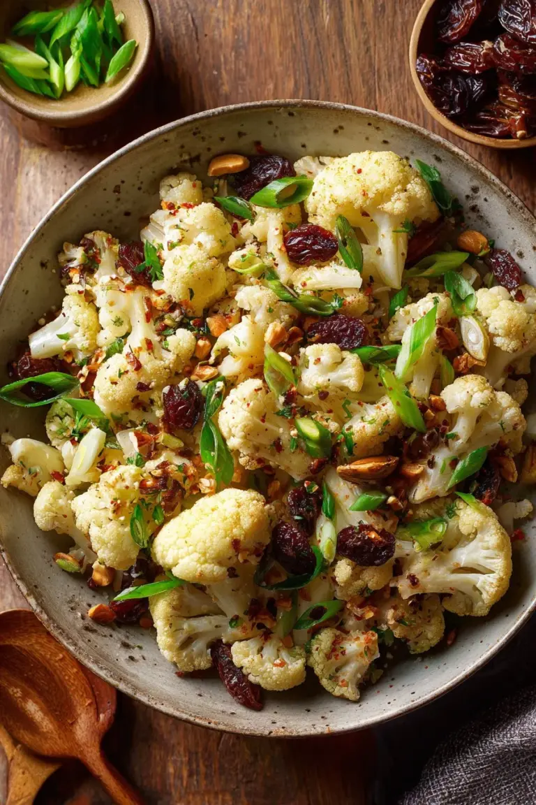 Cauliflower salad with dates, pistachios, and fresh greens in a bowl