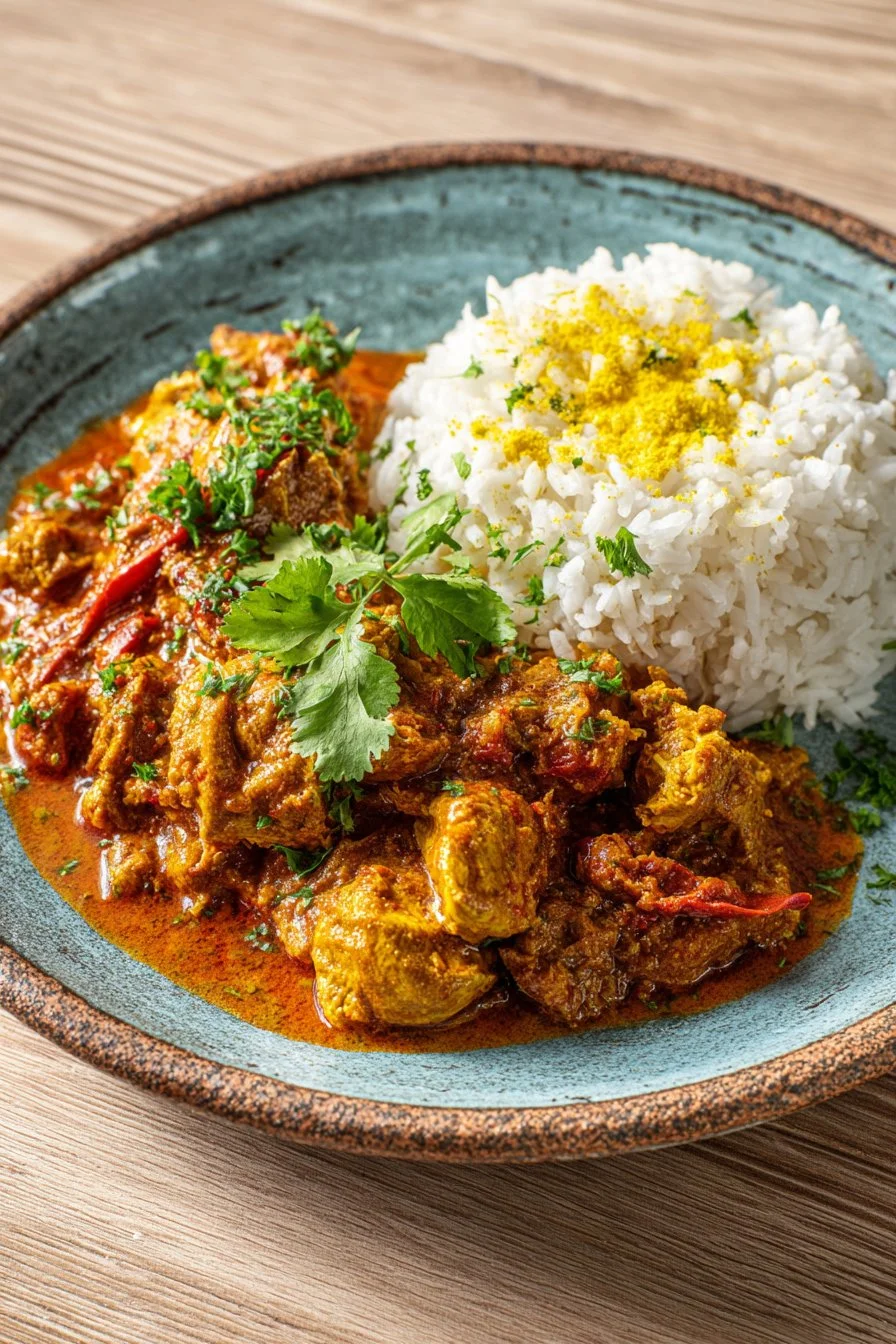Delicious bowl of Chicken Curry with rice and spices, perfect for lunch or dinner