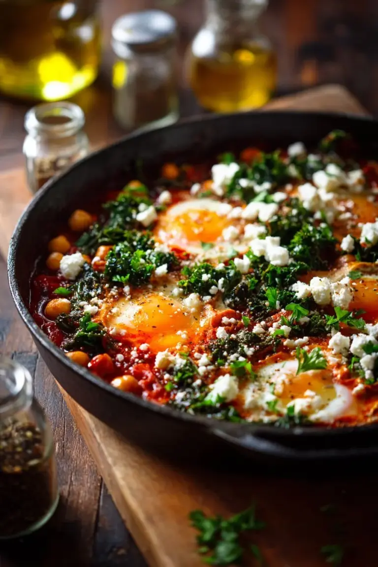 Chickpea Shakshuka with kale served in a skillet