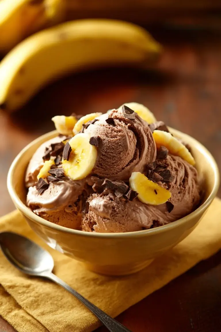 Delicious Chocolate Banana Greek Frozen Yogurt in a bowl with chocolate drizzle