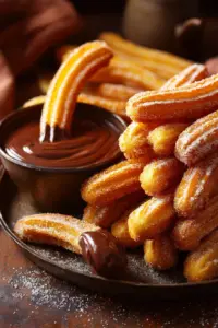 Golden-brown churros dusted with sugar, served with chocolate sauce for dipping.