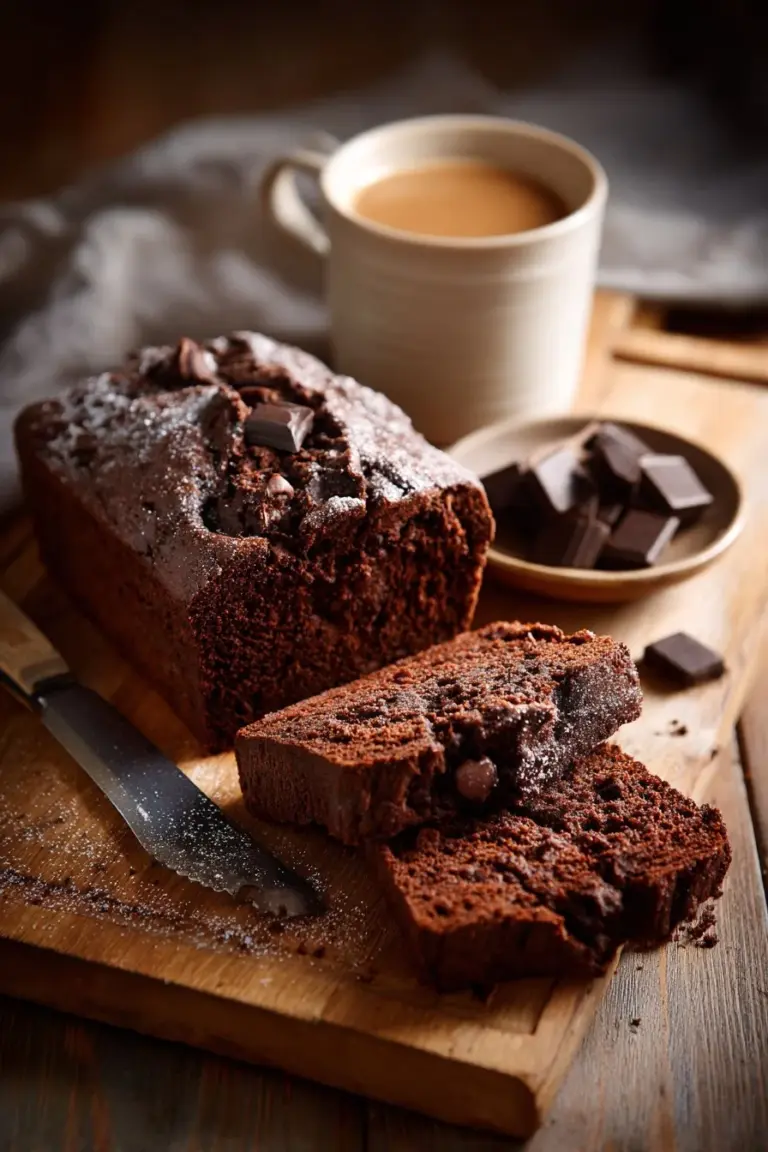 Slice of double chocolate zucchini bread on a wooden table