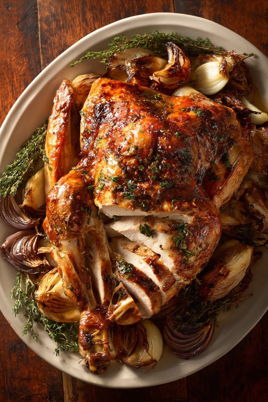 Dry-brined turkey served with roasted onions for a savory holiday dish.