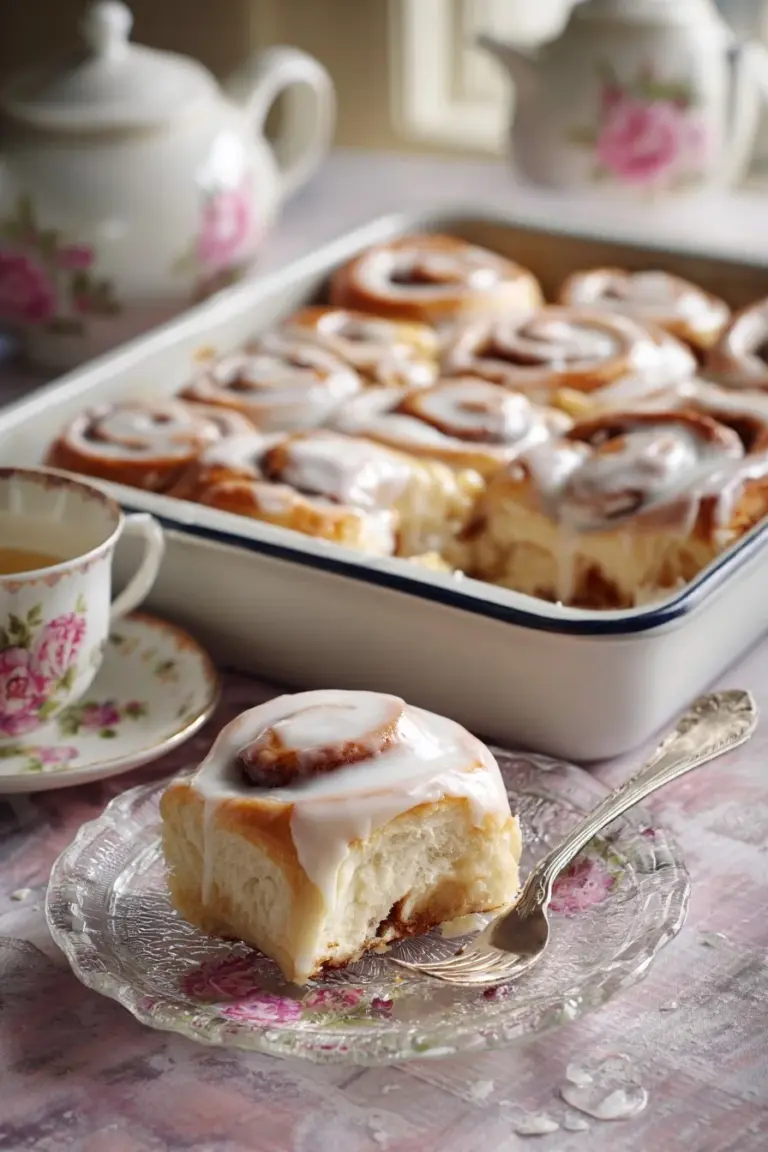 Freshly baked easiest cinnamon rolls drizzled with icing on a plate.