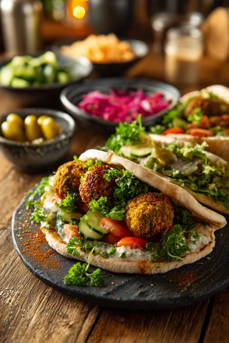 A plate of freshly made falafel served with tahini sauce and vegetables.
