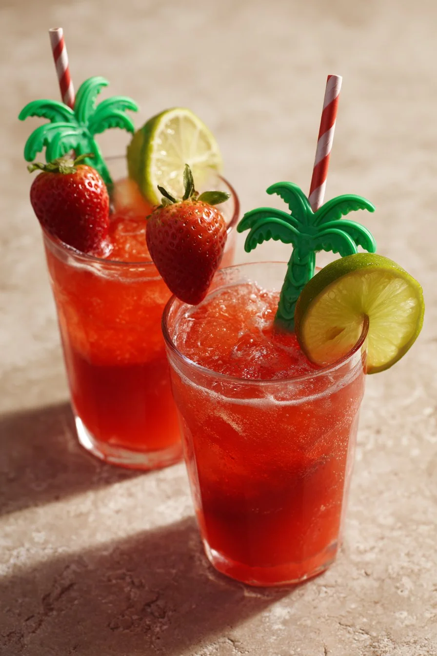 Frozen strawberry daiquiris served in a glass with fresh strawberries