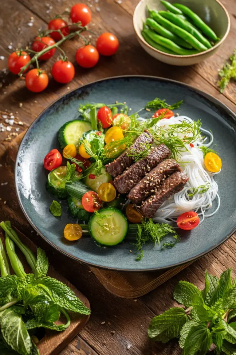 Garlic Lime Steak served on a bed of noodle salad with fresh vegetables