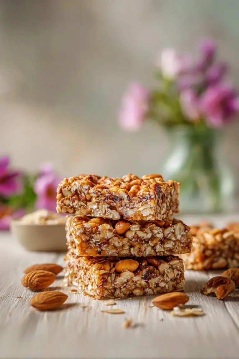 A delicious slice of granola bark loaded with nuts and dried fruits.