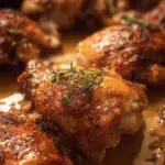 Delicious gravy baked chicken served on a plate with sides.