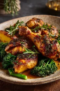 Honey mustard baked chicken drumsticks garnished and ready to serve