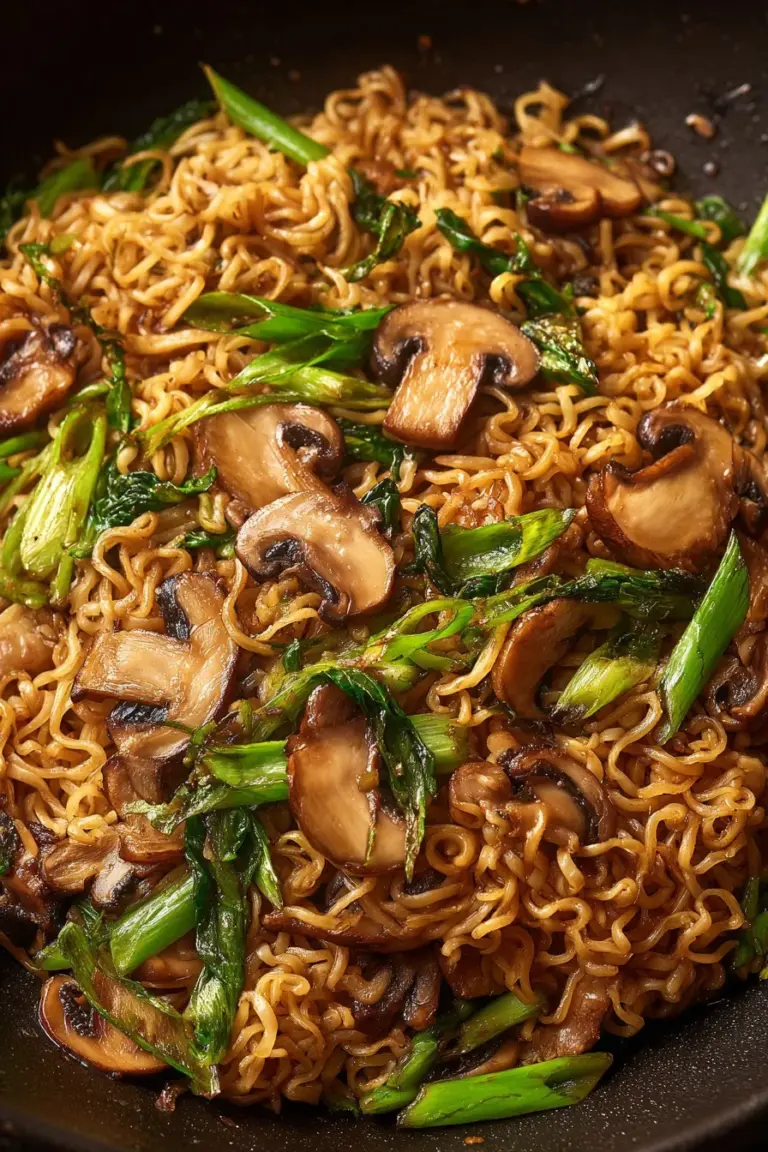 Bowl of homemade Asian mushroom ramen noodles topped with fresh herbs.