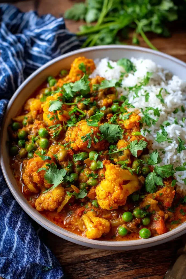 Bowl of cauliflower tomato masala with peas garnished with fresh cilantro