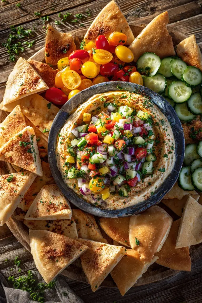 Hummus topped with diced tomatoes and cucumbers served in a bowl