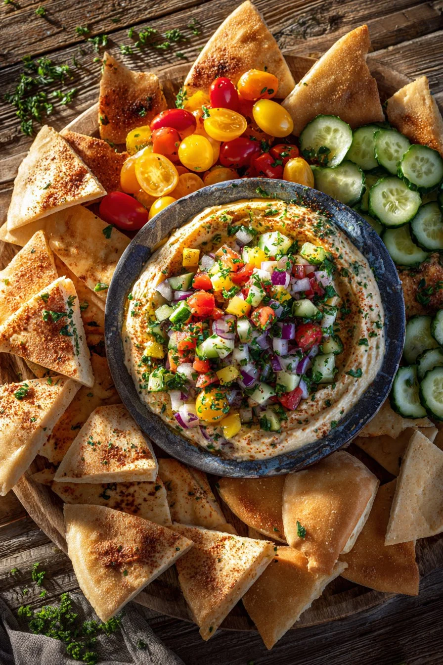 Hummus Heaped with Tomatoes and Cucumbers