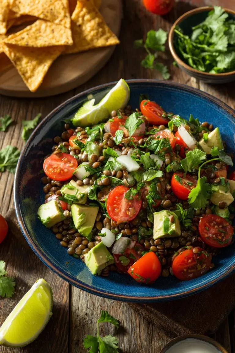 Colorful lentil salad with fresh vegetables and herbs