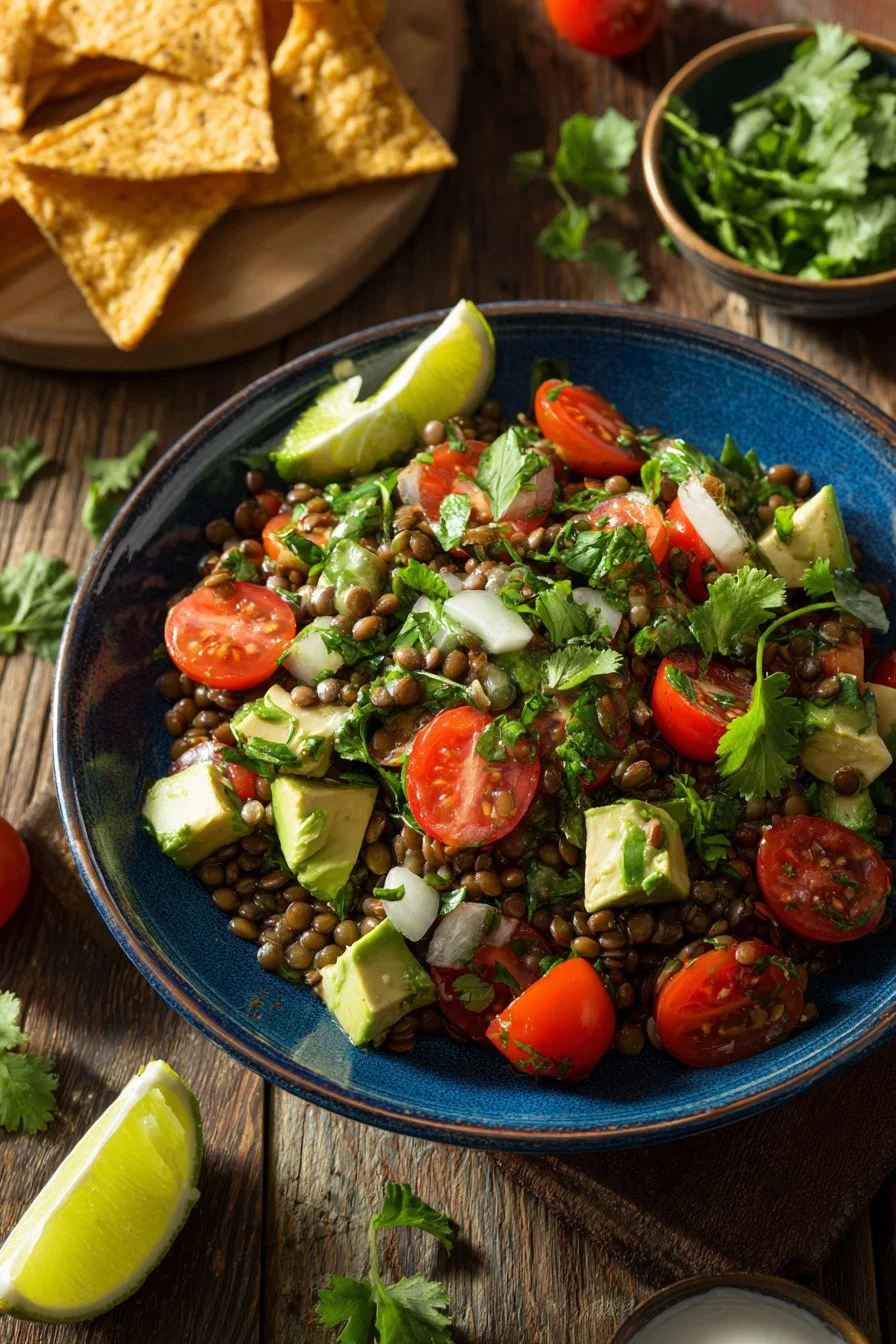 Colorful lentil salad with fresh vegetables and herbs