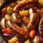 Oven baked sausages with crispy potatoes on a baking tray