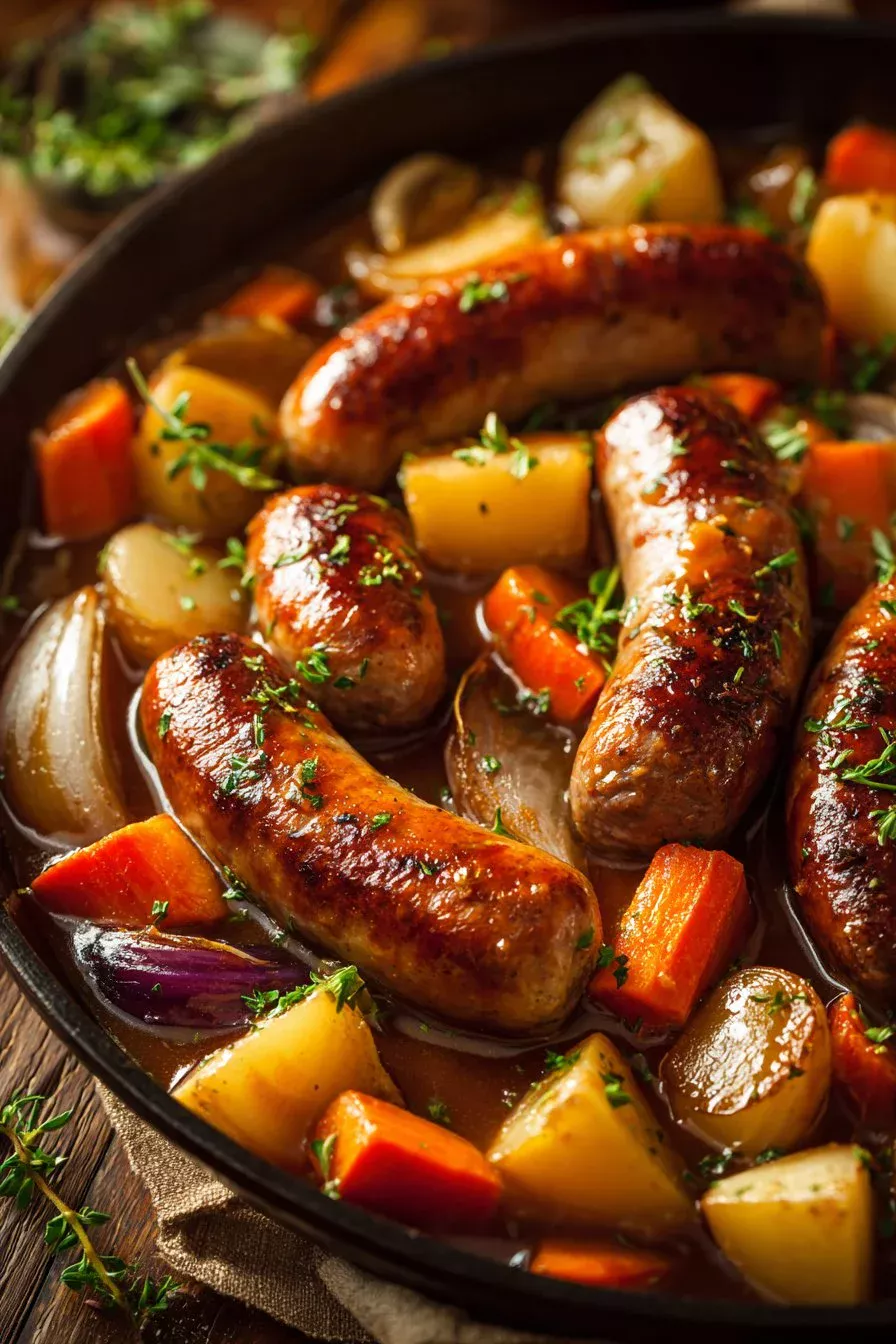 Oven baked sausages with crispy potatoes on a baking tray