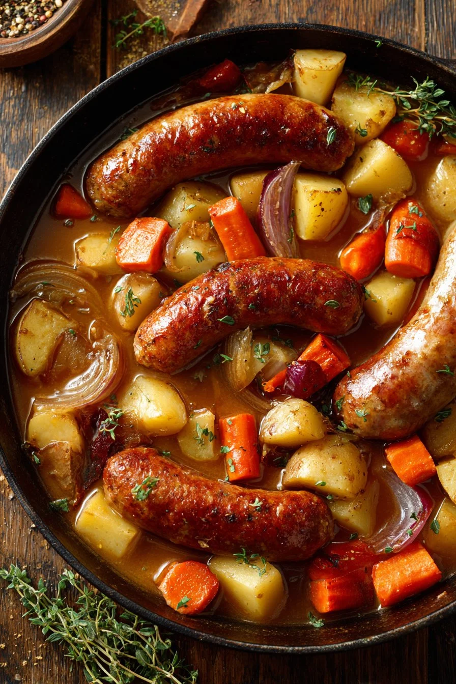 Oven Baked Sausages with Potatoes, Vegetables AND Gravy!