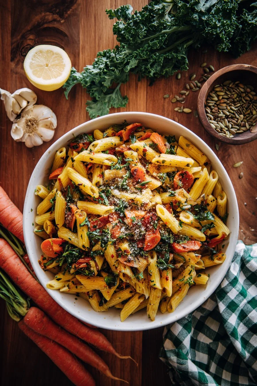 Pasta Salad with Roasted Carrots and Sunflower Seed Dressing