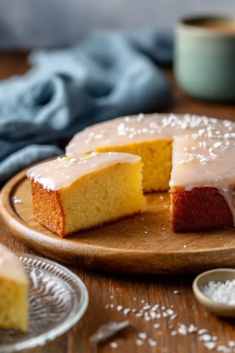 Homemade plush coconut cake garnished with coconut flakes and whipped cream