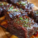 Slow cooked beef ribs with barbecue sauce served on a plate