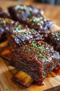 Slow cooked beef ribs with barbecue sauce served on a plate