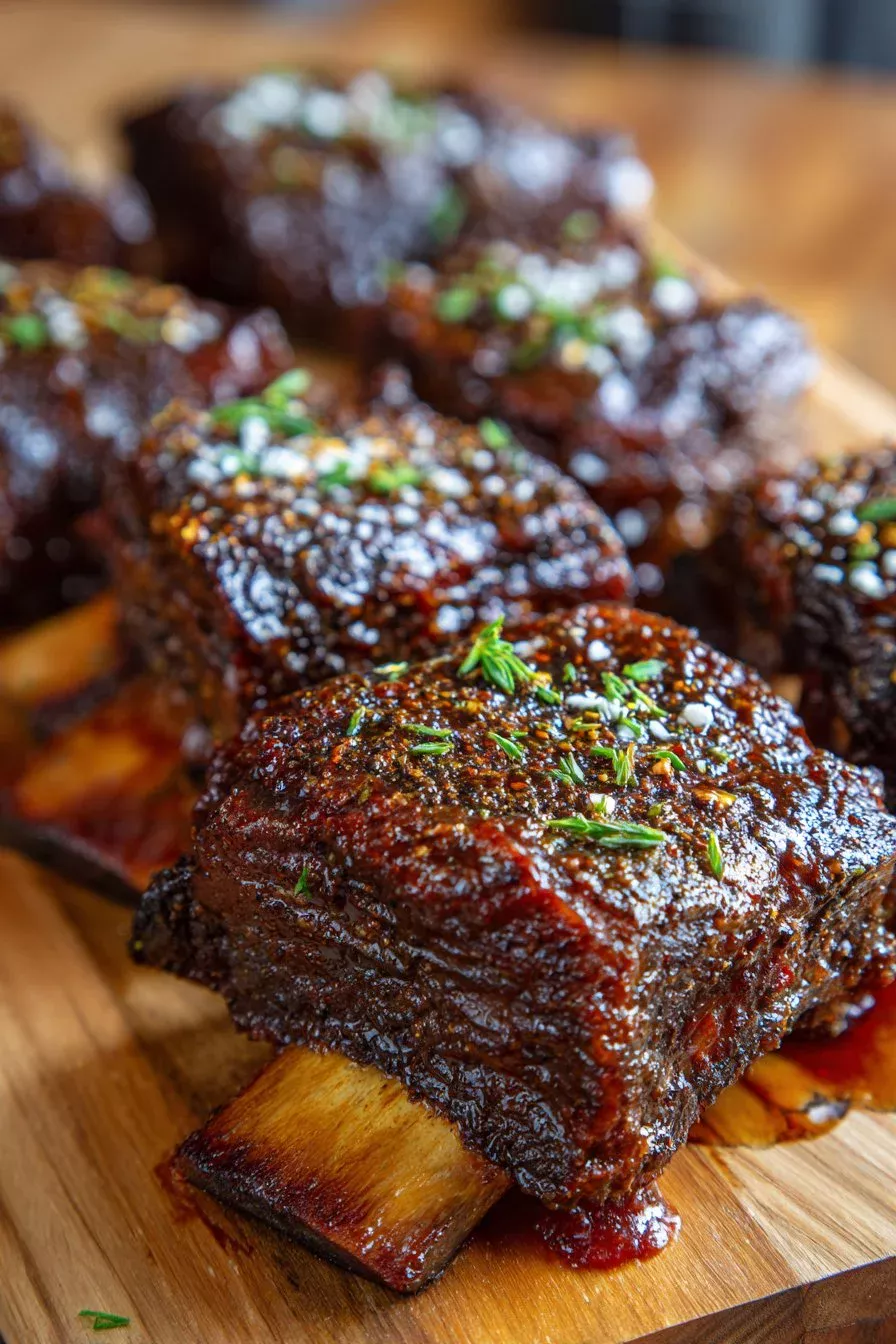 Slow cooked beef ribs with barbecue sauce served on a plate