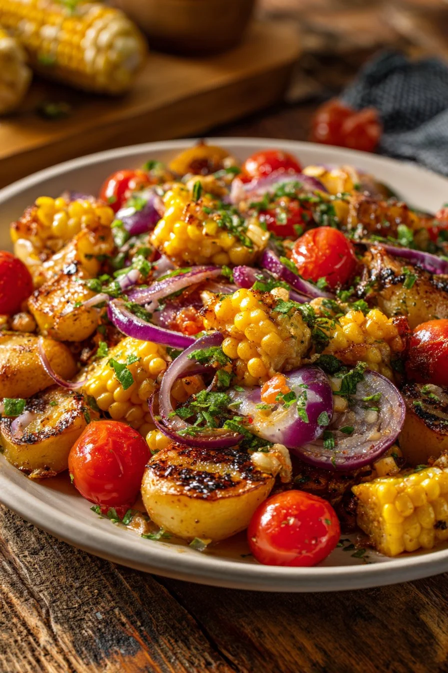 Smashed potatoes topped with sweet corn relish served on a rustic plate