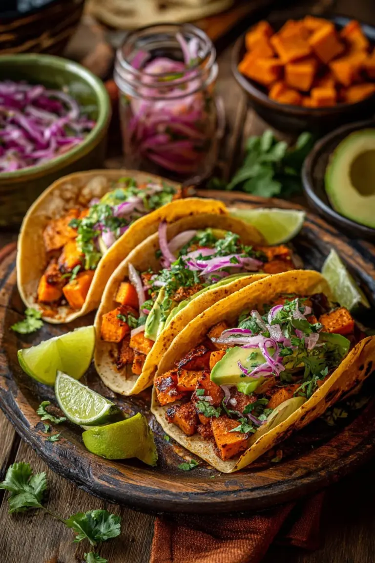 Homemade sweet potato tacos topped with fresh ingredients and avocados.