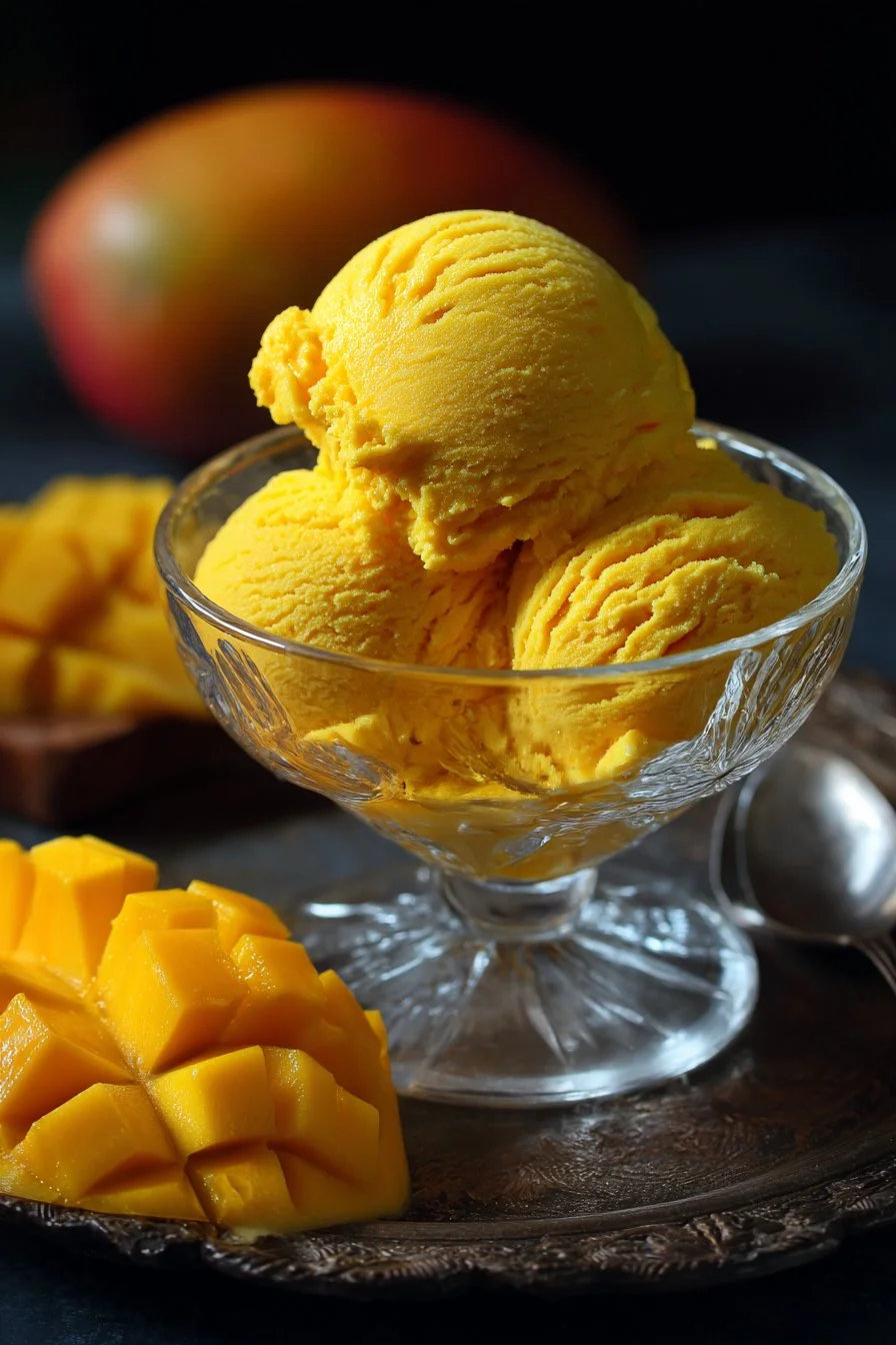 Homemade Mango Ninja Creami frozen yogurt served in a bowl with mango slices.