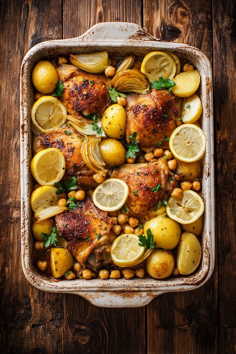 Lemon chicken with potatoes and chickpeas served on a plate