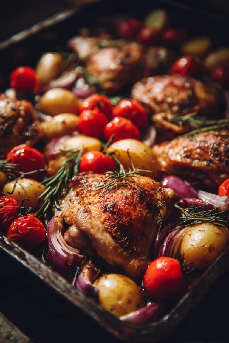 Delicious Mediterranean chicken dinner with vegetables and spices