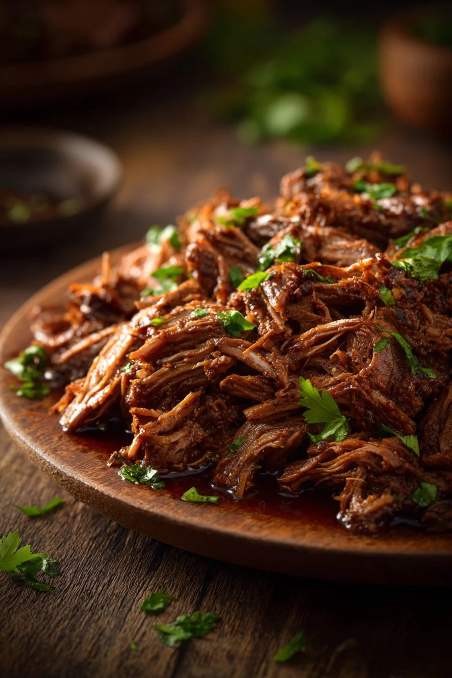Plate of Mexican shredded beef tacos topped with fresh ingredients.