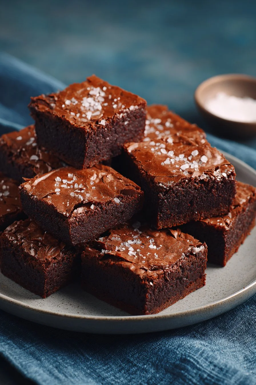 Delicious olive oil brownies on a plate, showcasing their rich texture and chocolate flavor.