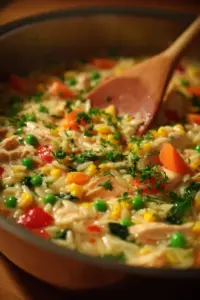One pot chicken vegetable and parmesan orzo dish cooked in a skillet