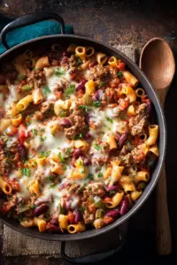 One Pot Chili Mac and Cheese served in a bowl with toppings.