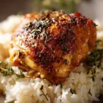 Delicious oven baked chicken and rice served in a vibrant dish