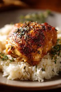 Delicious oven baked chicken and rice served in a vibrant dish