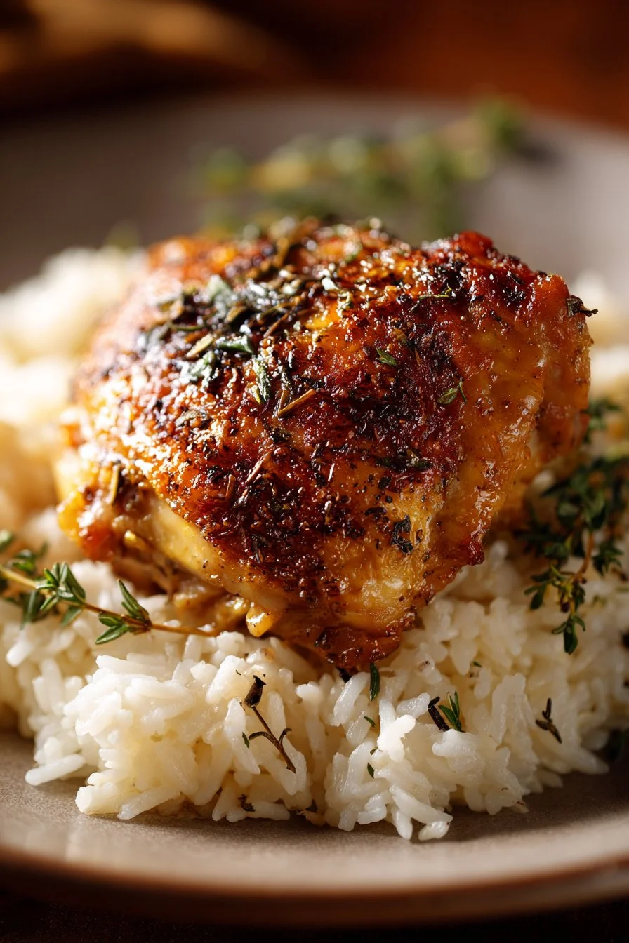 Delicious oven baked chicken and rice served in a vibrant dish