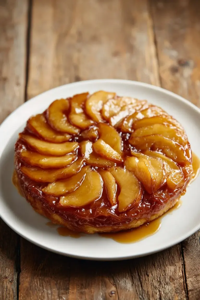 A beautifully caramelized Apple Tarte Tatin on a rustic wooden table.