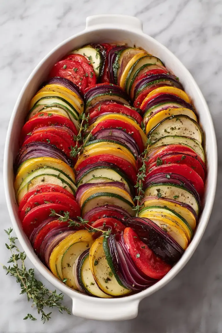 A colorful plate of Ratatouille showcasing fresh vegetables and herbs.