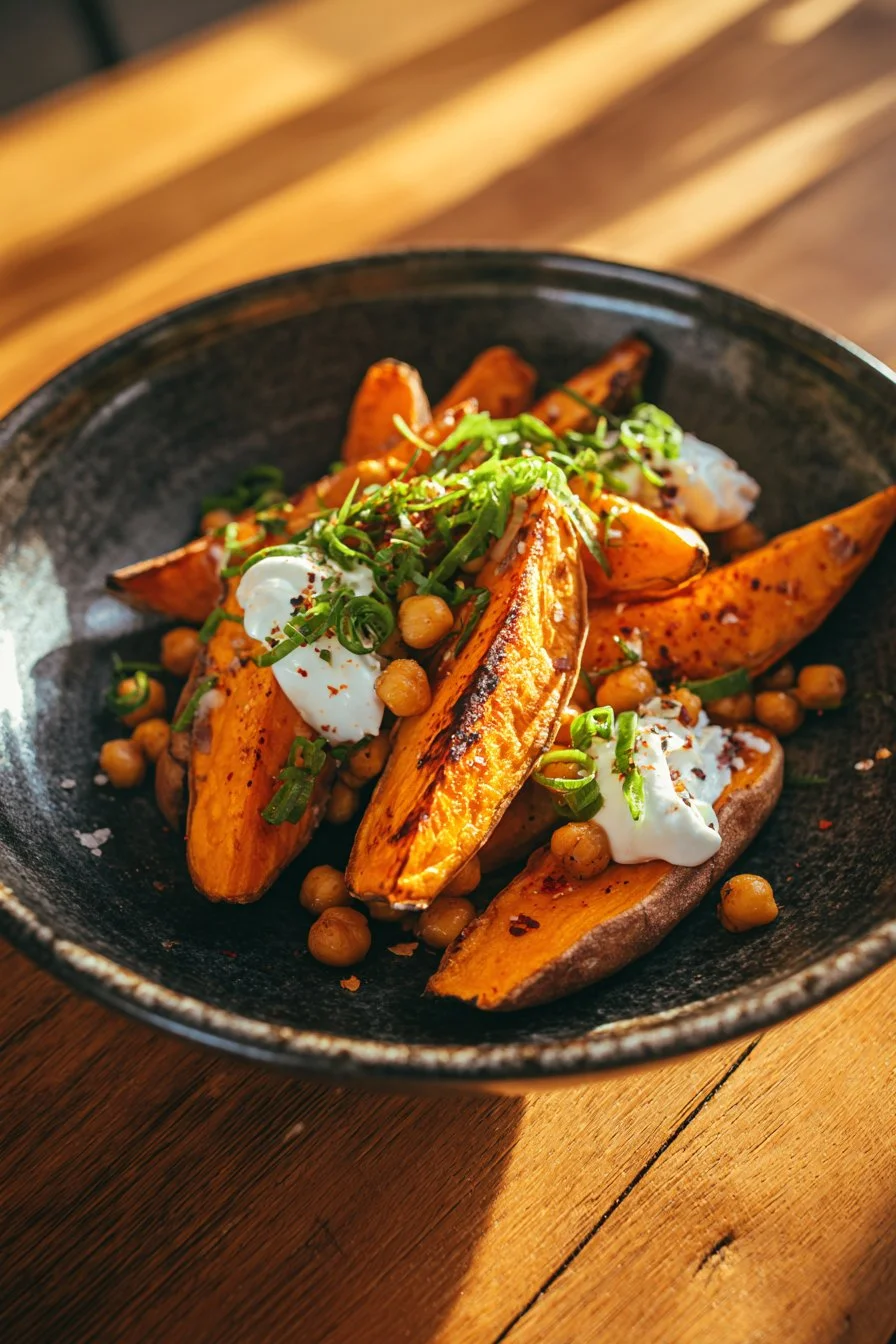 Roasted yams and chickpeas topped with yogurt in a vibrant bowl