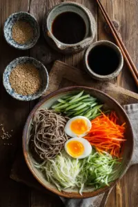 Sesame Soba Salad with ribboned omelet and colorful vegetables