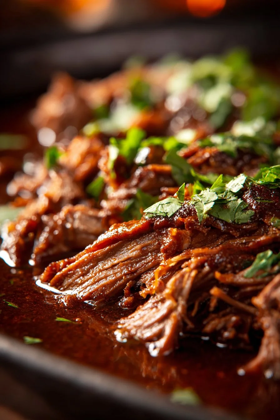 Bowl of shredded beef chili with meat topped with cheese and herbs